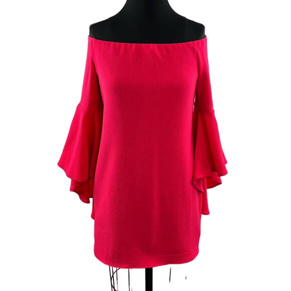FREE PEOPLE Pink Rose S Backstage Mini Dress Off The Shoulder Bell Sleeve NEW - Picture 1 of 11